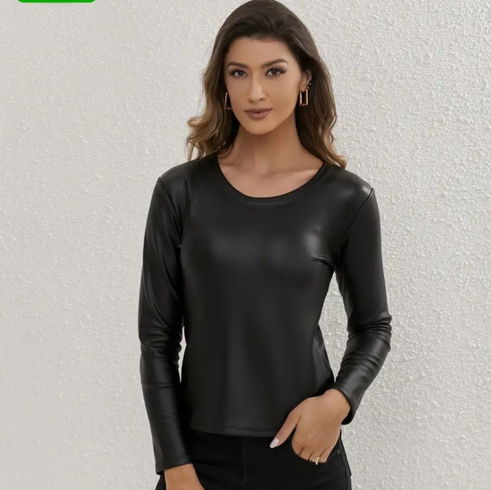 Elastic Faux Leather Fitted T-Shirt